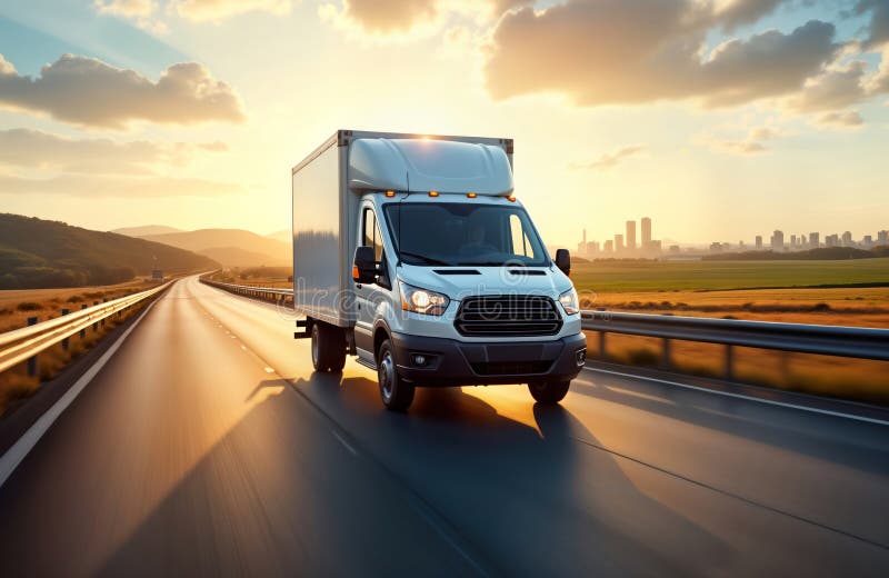Furgoneta de reparto en carretera al amanecer